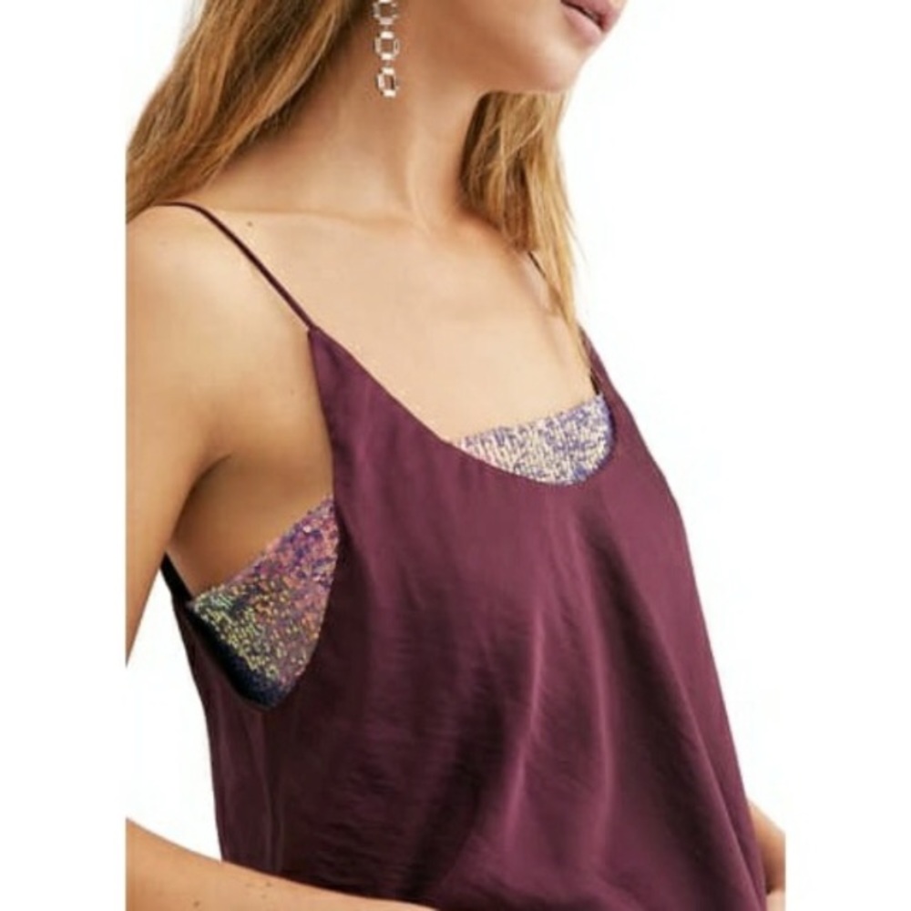 Free People “Turn it on” sequin camisole top burgundy and purple colors NWT